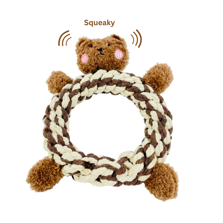 Eco-Brownie Bear Macrame Dog Toy- Plush, Squeaky