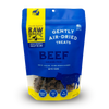 Blue packaging for Raw Dynamic&#39;s air-dried beef treats for dogs and cats, marked as grass-fed, grain-free, and bite-sized.