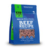 Blue frozen raw dog food bag labeled &quot;Raw Dynamic Beef Recipe,&quot; featuring bite-sized beef cubes and highlighting responsibly sourced ingredients.