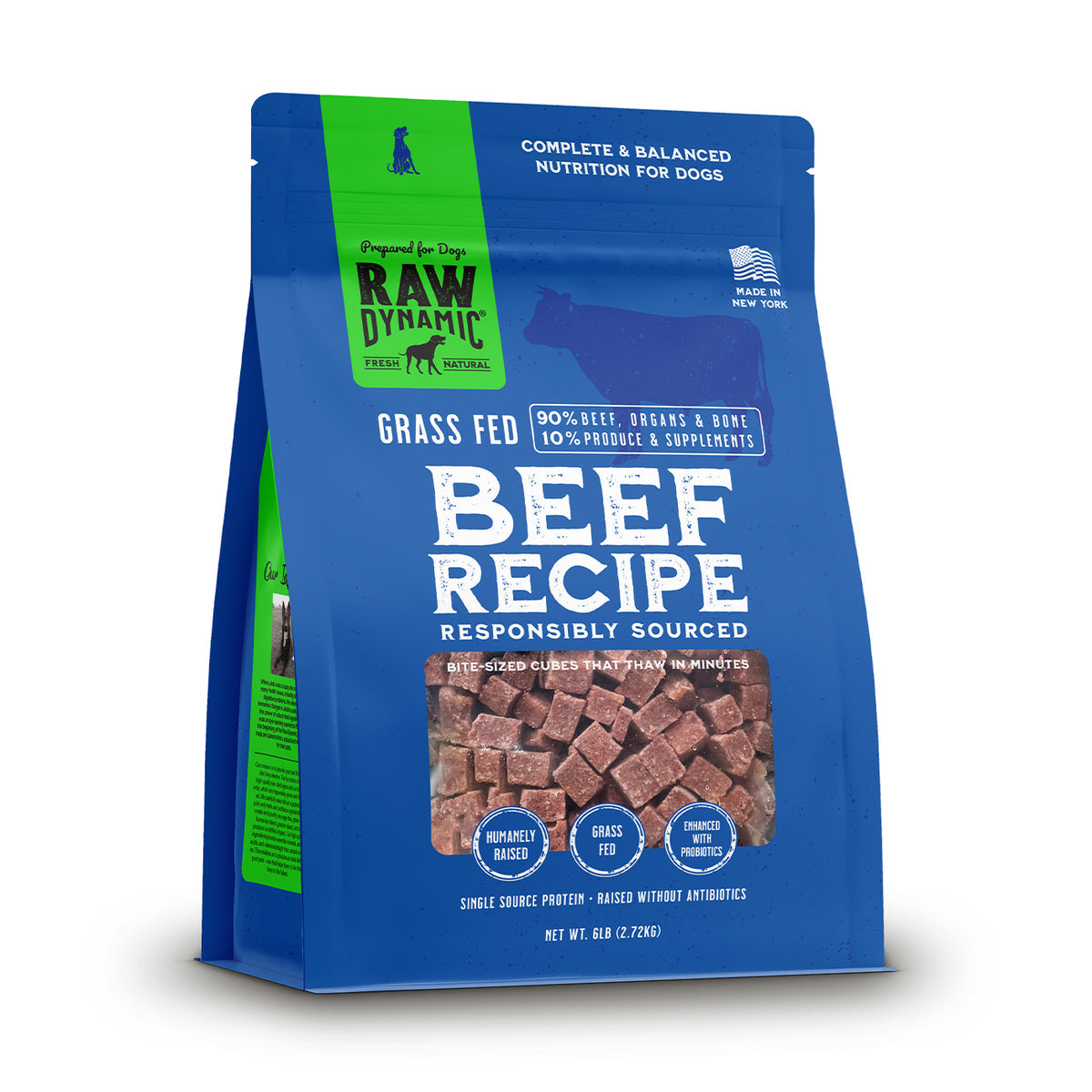 Blue frozen raw dog food bag labeled "Raw Dynamic Beef Recipe," featuring bite-sized beef cubes and highlighting responsibly sourced ingredients.