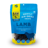 A bag of Raw Dynamic air-dried lamb treats for dogs, featuring bright blue and yellow colors, labeled &quot;pasture raised&quot;,&quot;bite size&quot; and &quot;no fillers.&quot;