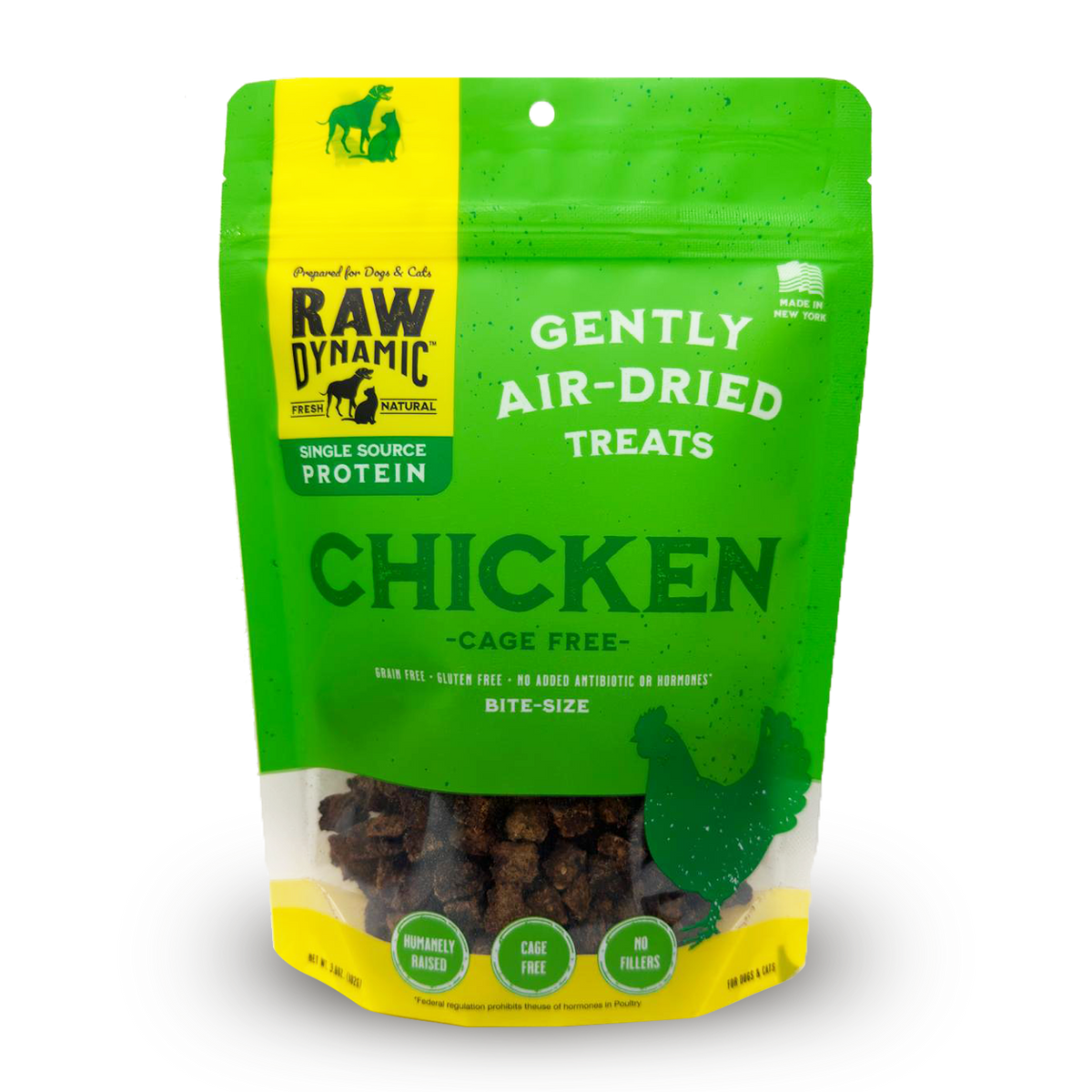 Green bag of Raw Dynamic air-dried chicken treats for dogs and cats. highlighting bite size single source protein.