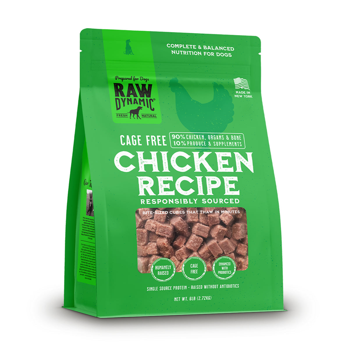 Green bag of Raw Dynamic Cage Free Chicken Recipe for dogs, featuring bite-sized cubes and highlighting as 90% chicken, responsibly sourced ingredients.