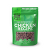 A green bag of Raw Dynamic freeze-dried Chicken Recipe for dogs, featuring brown bite-sized cubes, highlighting ingredients and responsible sourcing.