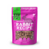 Pink packaging for Raw Dynamic&#39;s freeze-dried Rabbit Recipe dog food, featuring bite-sized cubes and nutrition details highlighting responsibly sourced ingredients. 