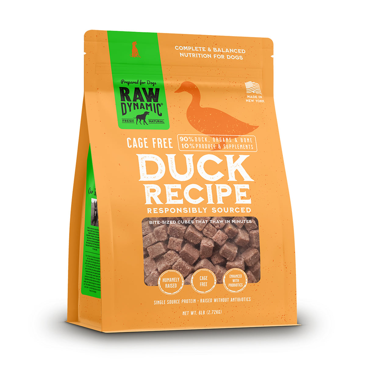 Orange bag of Raw Dynamic Duck Recipe dog frozen raw dog food, featuring bite-sized cubes, humane sourcing, and nutritional details prominently displayed.