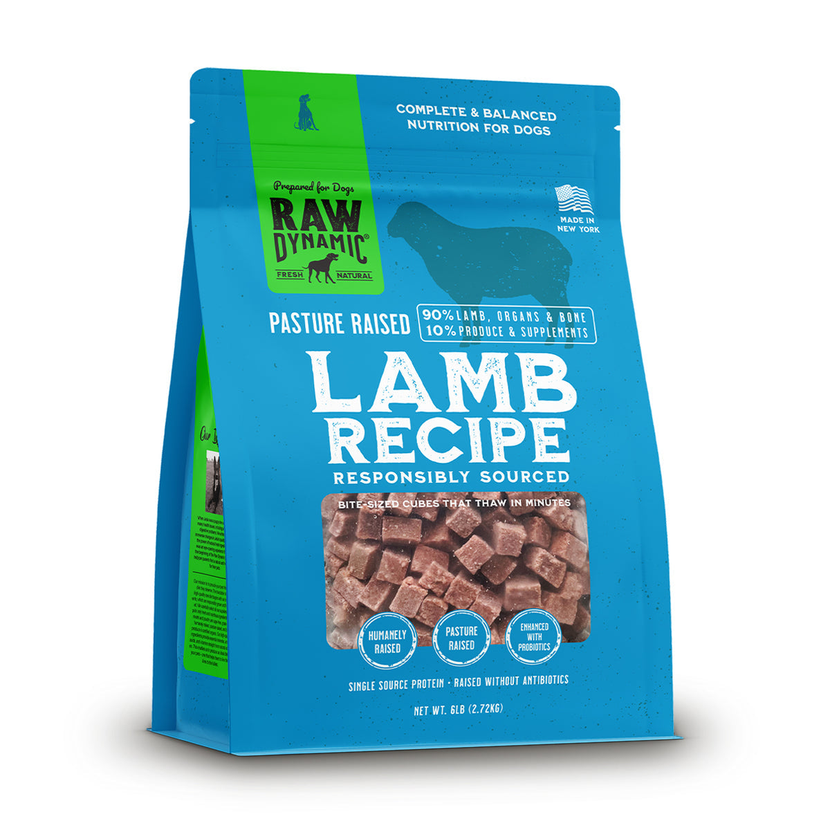 A blue bag of Raw Dynamic Lamb Recipe dog food, featuring bite-sized cubes made from pasture-raised lamb, organ meat, and supplements.