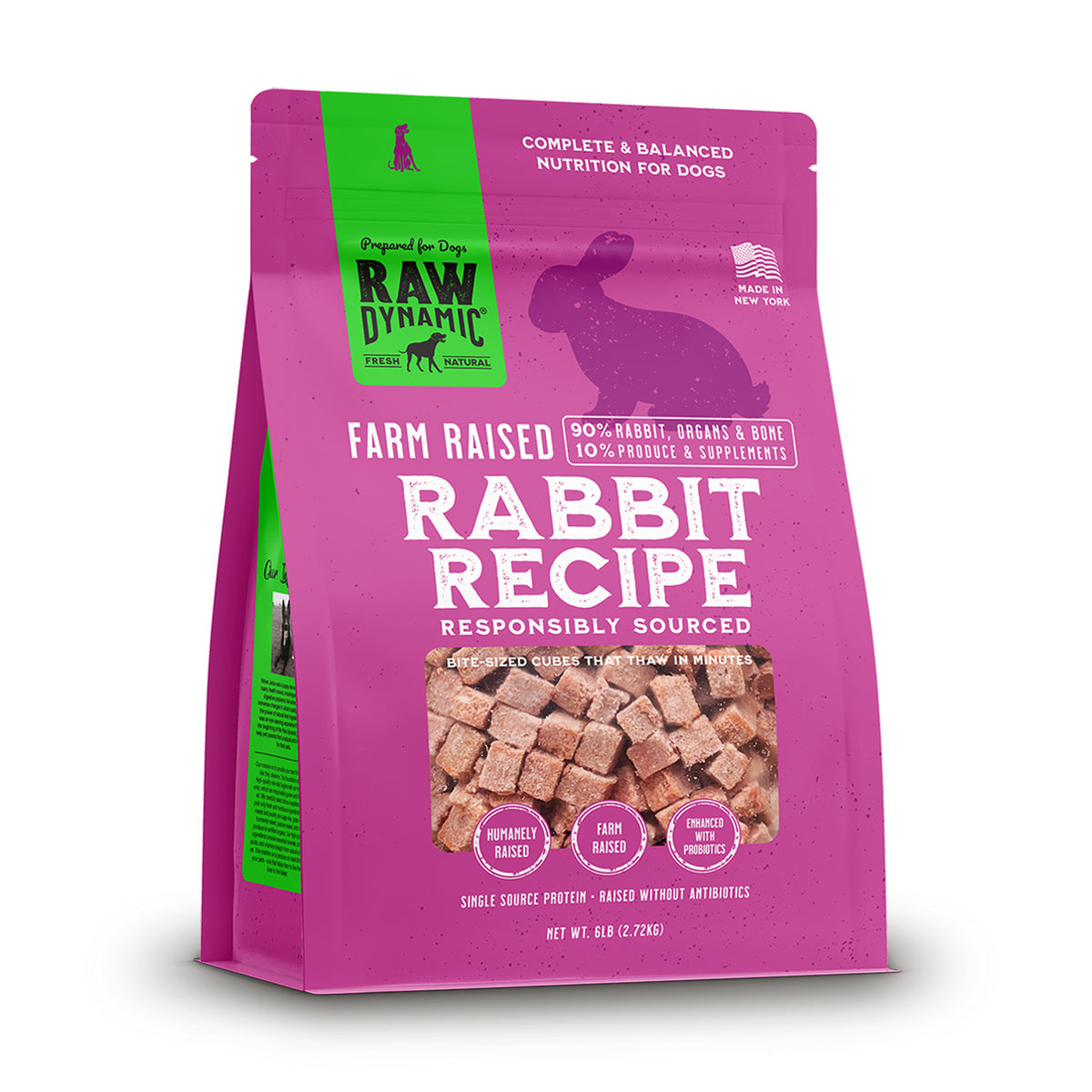 Bag of Raw Dynamic Farm Raised Rabbit Recipe dog food, featuring bite-sized cubes, with 90% rabbit and 10% produce, in vibrant pink packaging.