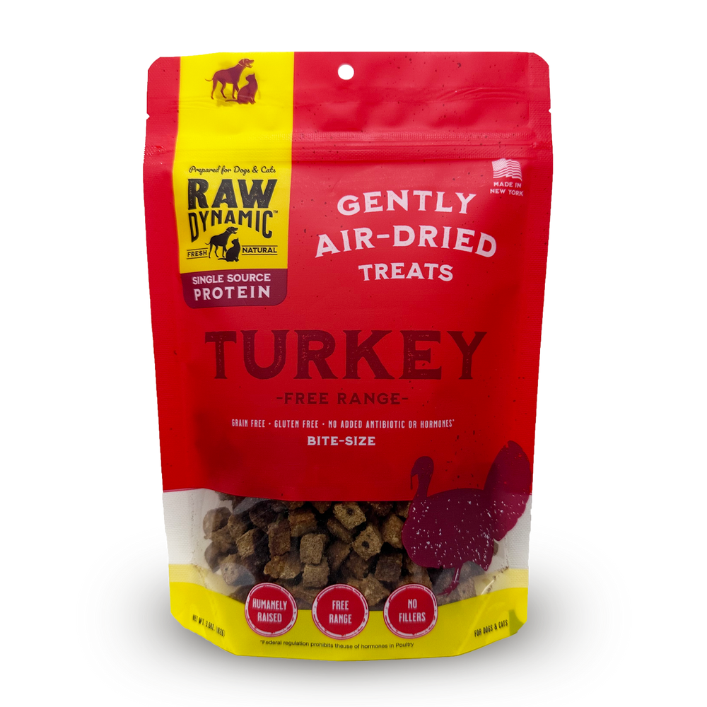 Red bag of Raw Dynamic air-dried turkey treats for dogs and cats, featuring bite-sized pieces and labeled as grain-free and free-range.