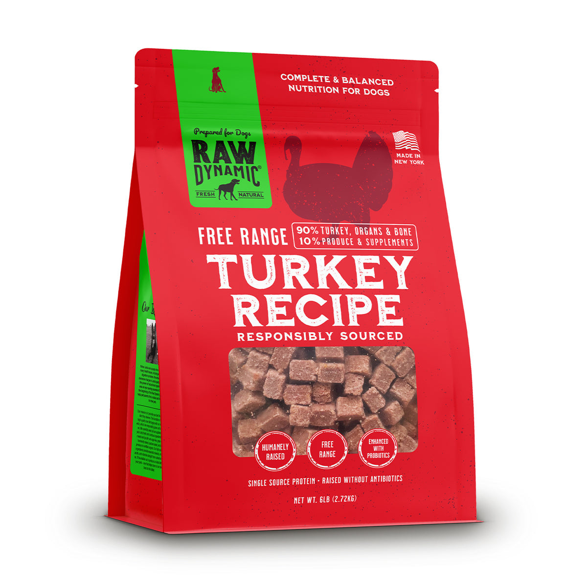 Red bag of Raw Dynamic dog food featuring a Free Range Turkey Recipe, showcasing 90% turkey and a blend of produce and supplements.