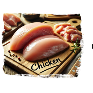 a picutre of ground beef on a cutting board then the word OR then a picture of chicken on a cutting board then the word OR then a picture of Chicken &amp; Salmon on a cutting board
