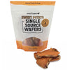 A bag of Wooftown Sweet Potato Single Source Wafers for dogs, with some wafers displayed in front of the package.