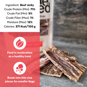 Image of Wooftowns beef jerky pieces with nutritional info, advising moderation and breaking into smaller pieces for dogs.