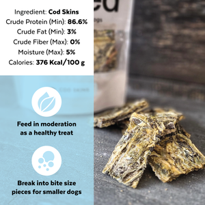 Close-up of cod skin dog treats with nutritional info, emphasizing high protein content and feeding guidelines for small dogs.