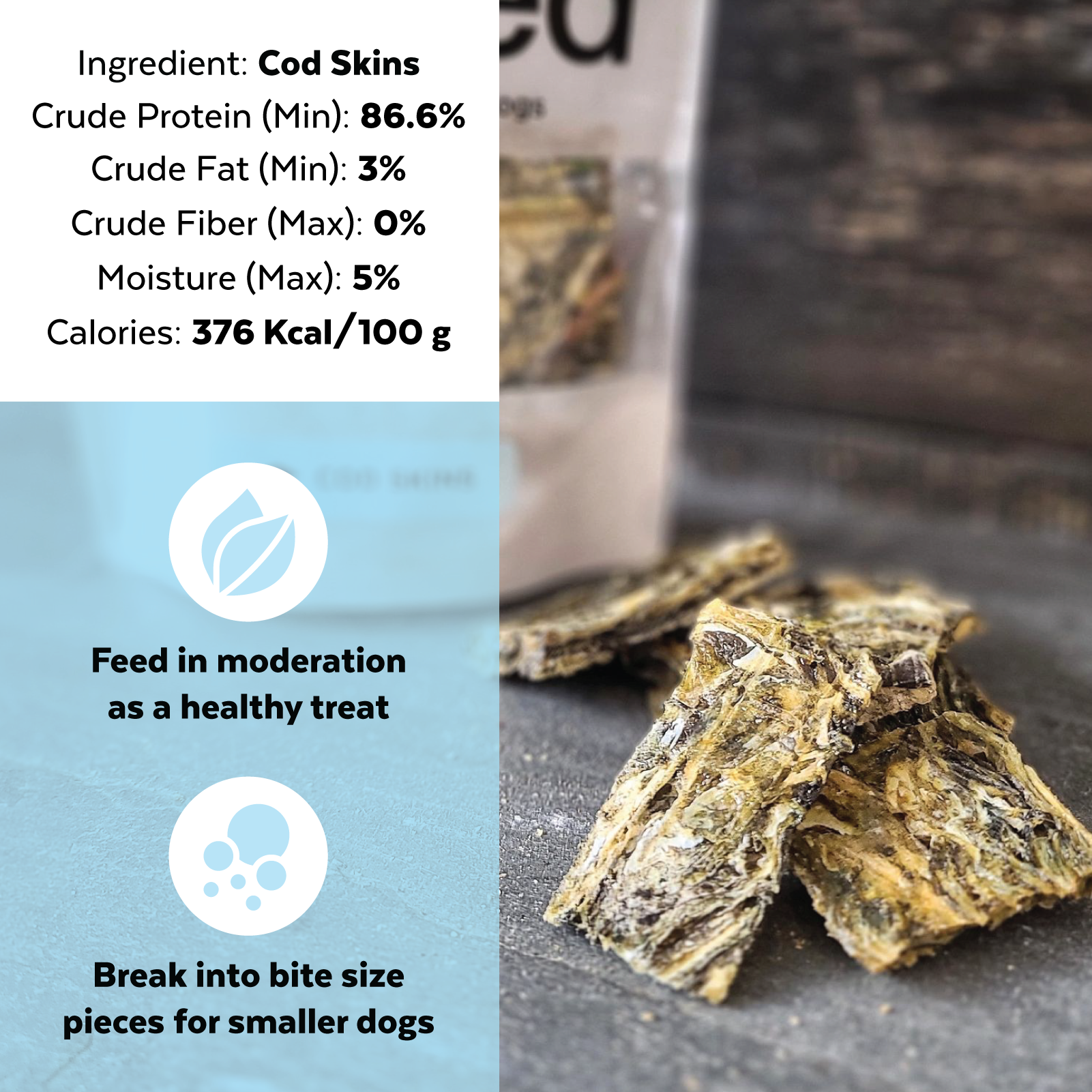 Close-up of cod skin dog treats with nutritional info, emphasizing high protein content and feeding guidelines for small dogs.