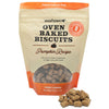 Package of Wooftown oven-baked dog biscuits with a pumpkin recipe, featuring small, square treats displayed beside the bag.