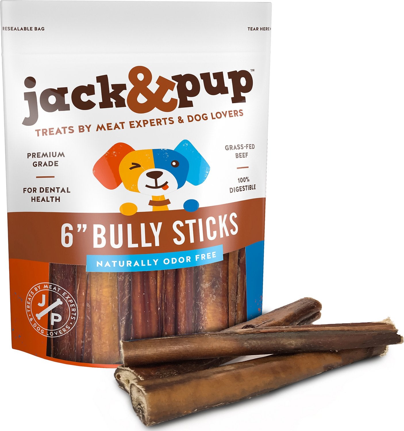 Jack & Pup Odor Free 6" Bully Stick 5Pk Bag