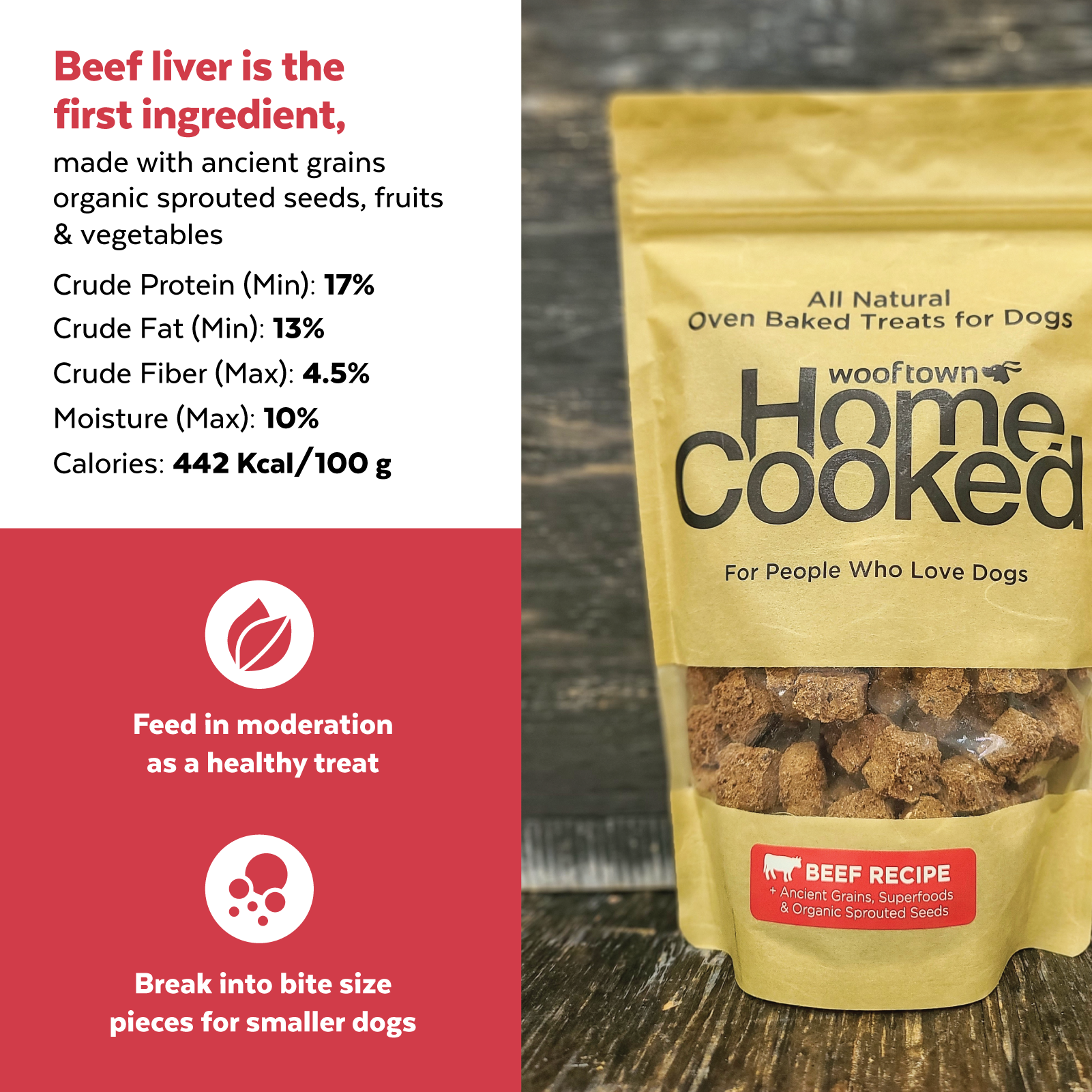 Package of Wooftown Home Cooked beef dog treats with nutritional information and feeding guidelines displayed.