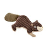 Soft plush squirrel dog toy with textured brown fur and a fluffy tail, featuring embroidered eyes and a cream-colored belly.